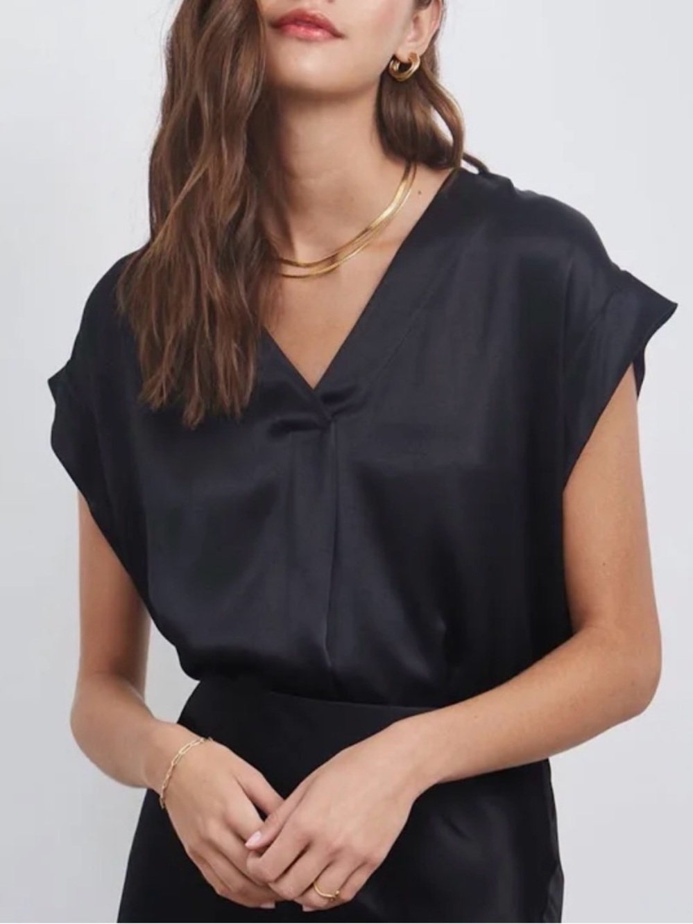 Rails Nala Satin V-Neck Blouse Black Short Sleeve Small